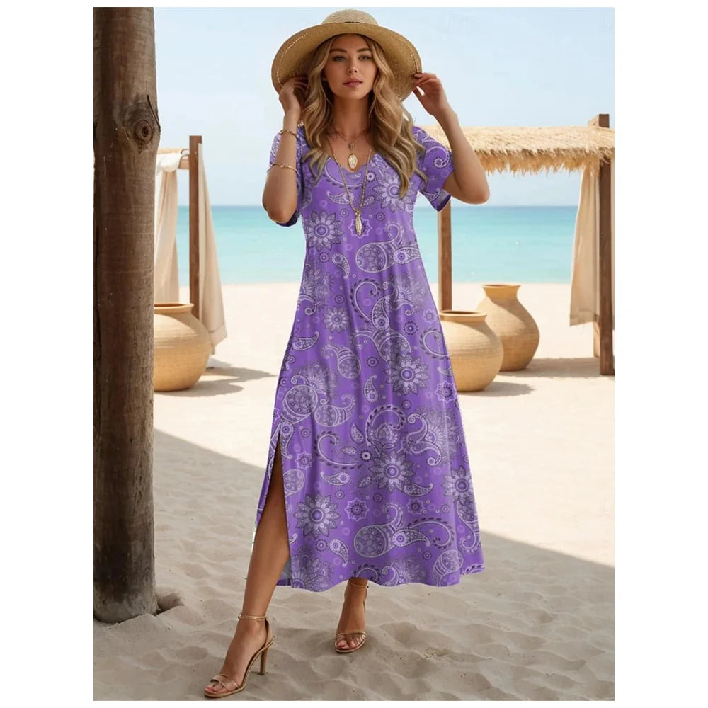 Women's Paisley Dress Casual Split V-Neck Long Dress Maxi Dress Ethnic Tribal Holiday Dresses Summer Short Sleeve Woman Clothing - Seprincess