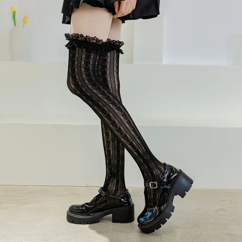 Black White Sexy Overknee Long Socks Women Sweet Girls Lolita Bowknot Thigh High Fishnet Stockings Gothic Punk Lace Mesh Legging