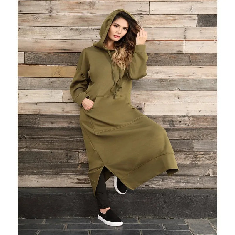 Autumn Winter Women's Loose Knitted Hooded Long Dress Plush Warm Casual Large Pocket Dresses For Women