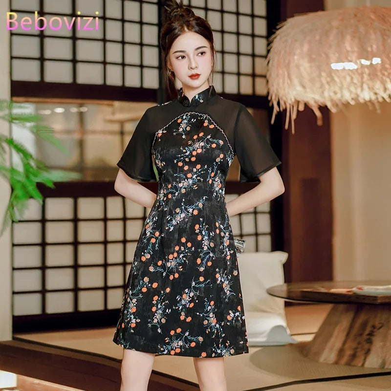 Modern Improved New Traditional Chinese Short Sleeve Cheongsam Sexy Black Floral Stitching Qipao Dress - Seprincess