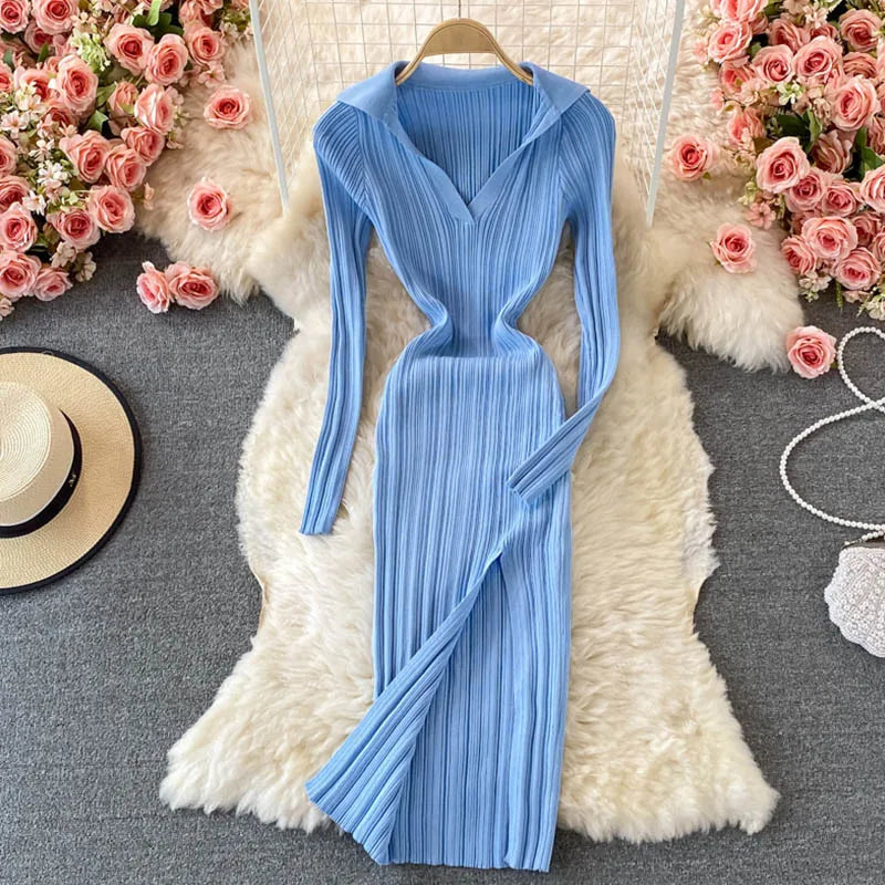 Women Korean Knitted Dress Long Sleeve V Neck Elastic Slim Pencil Dresses 2024 Autumn Sexy Bodycon Split Sweater Dress