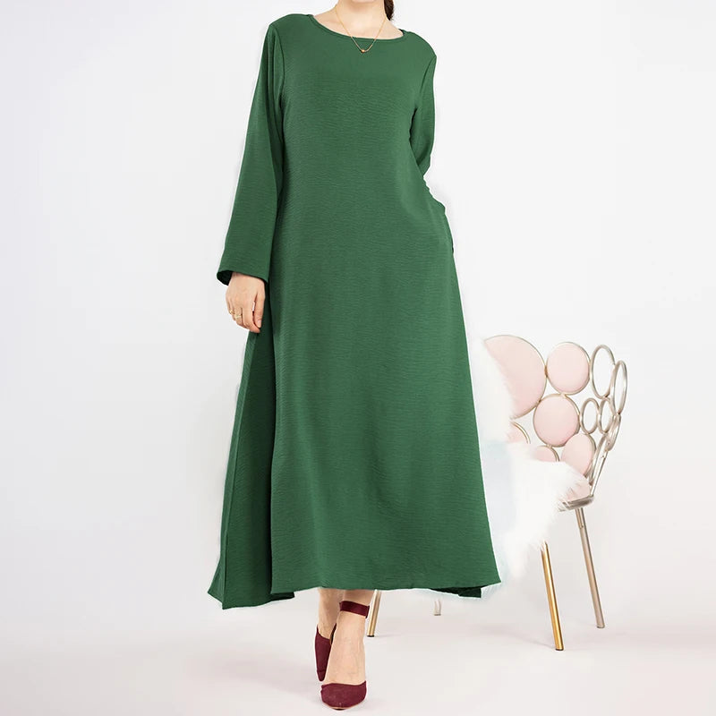 New Abaya Under Dress Long Sleeve With Pockets High Quality Jazz Crepe EID Muslim Women Basic Solid Modest Maxi Islamic Clothing - Seprincess