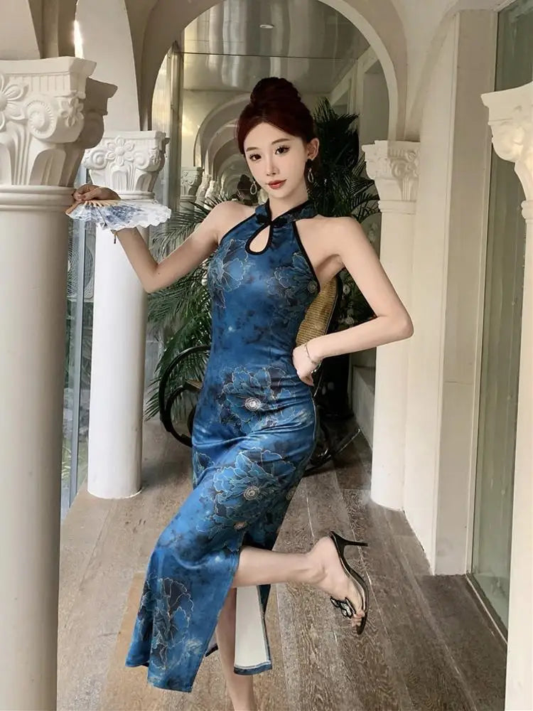 150kg Large Size Women's Qipao Halterneck Sleeveless Chinese Cheongsam Mandarin Collar Side Split Long Party Dress Slim Outfit - Seprincess