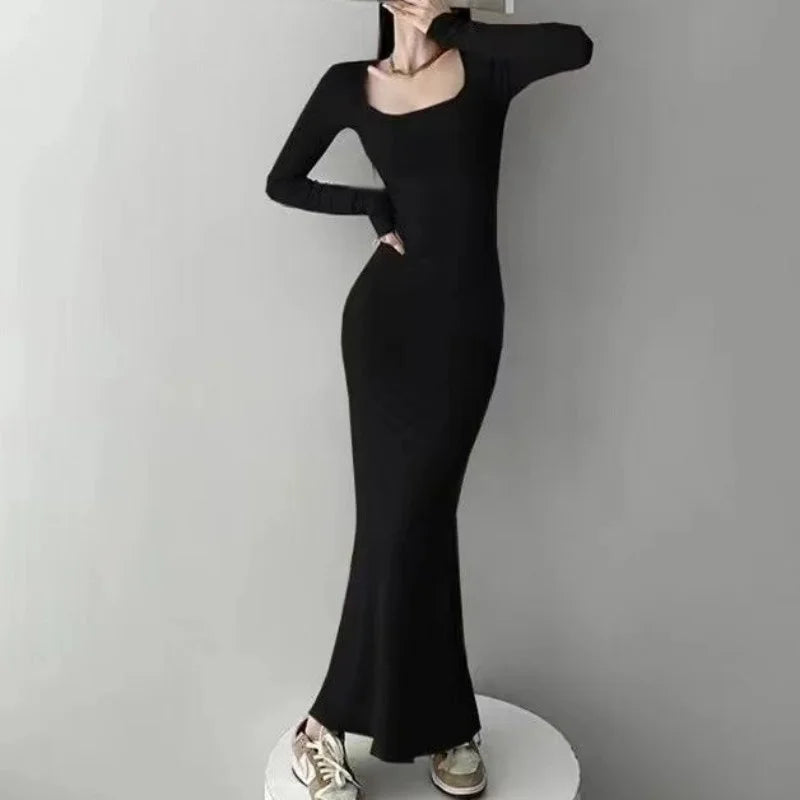 Women Spring Autumn Style Long Sleeve low cut Collar Solid Color Mermaid Sexy Dress - Seprincess