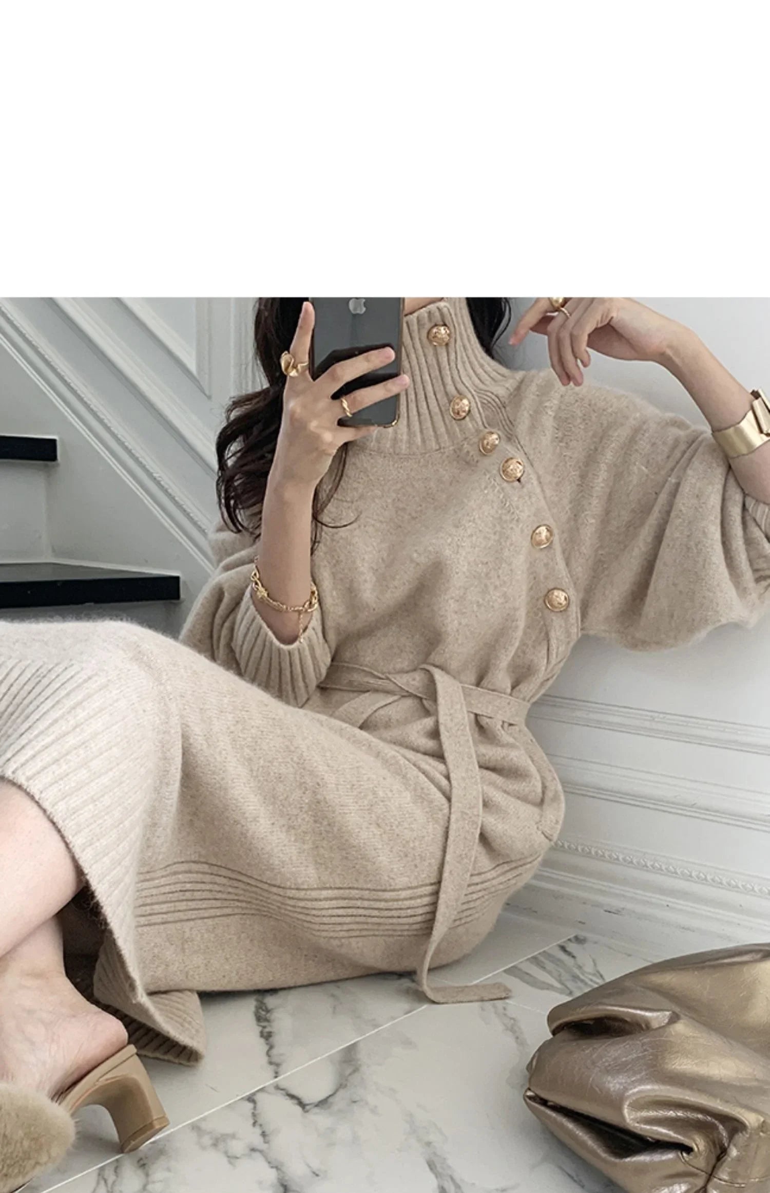 Winter Turtleneck Buttons Women Knitted Dress Elegant Full Sleeve Lace-up Female Thicken Long Dress for Sweater Autumn New - Seprincess