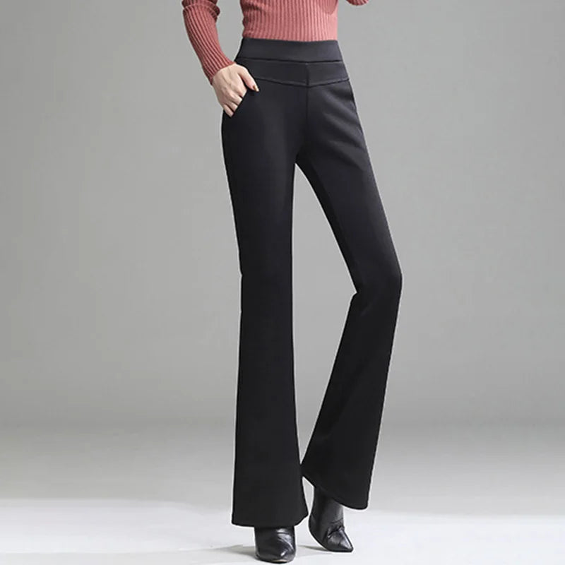 Winter Flared Pants Casual Pants for Women Wide Leg Flare Capris Pants Thck Warm High Waist OL Skinny Pants Women's Trousers