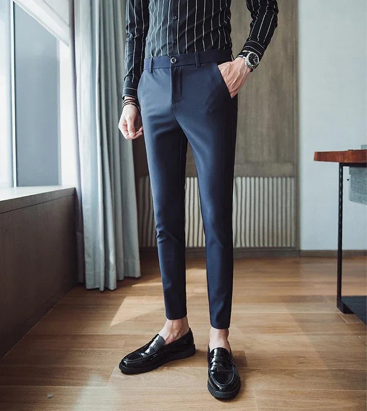 Blue Elastic Man Suits Pants Stretch Trousers for Men Tight Elegant Up Summer 2024 Vintage Cheap Anti-wrinkle Formal Dress Fine