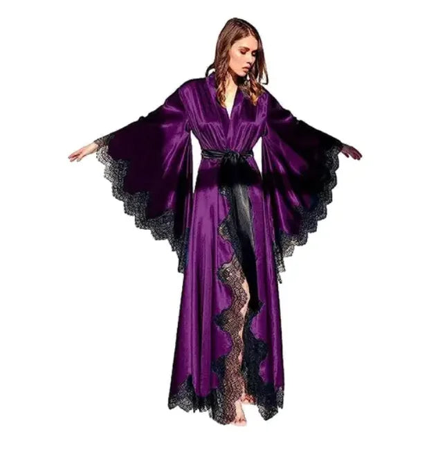 Women Robes Sleepwear Kimono Pajamas Pure Long Black Silk Satin Lace Trim Photography Dress Wedding Bride Gown Photo Shoot - Seprincess