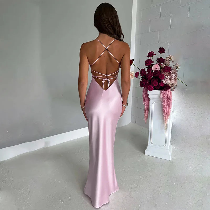 Summer Long Dress Women Evening Dresses Fashion Sexy Club Party Dresses Suspender Satin Dress Backless Strappy Waist Long Skirt - Seprincess