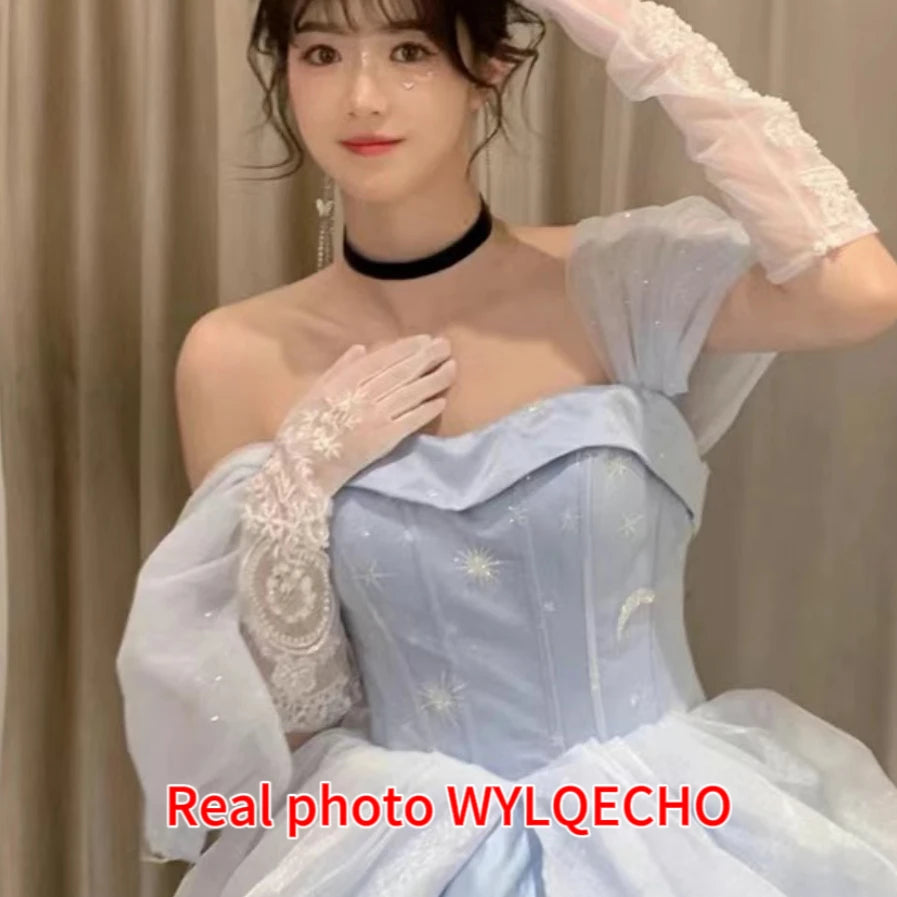 Blue Prom Dress Engagement Jacquard Dress France Vintage Sweet Korean Princess Fairy Dress Evening Party Dress - Seprincess