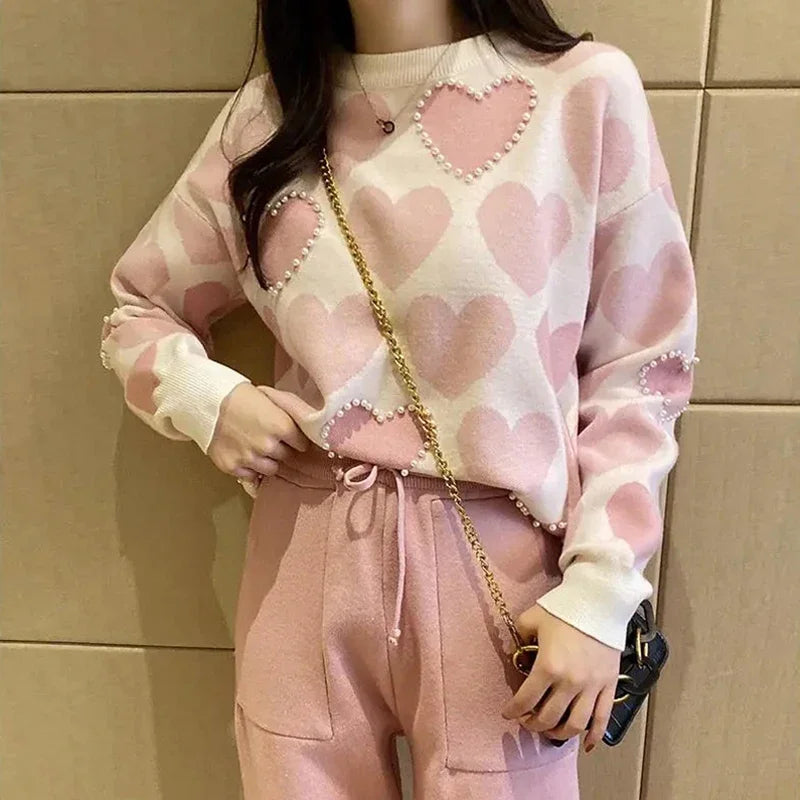 Love Printed Knit Two Peice Set Women Long Sleeve Sweater Pullover Tops Suits  Casual Jogger Pants Conjunto Knitwear Korean Sets - Seprincess