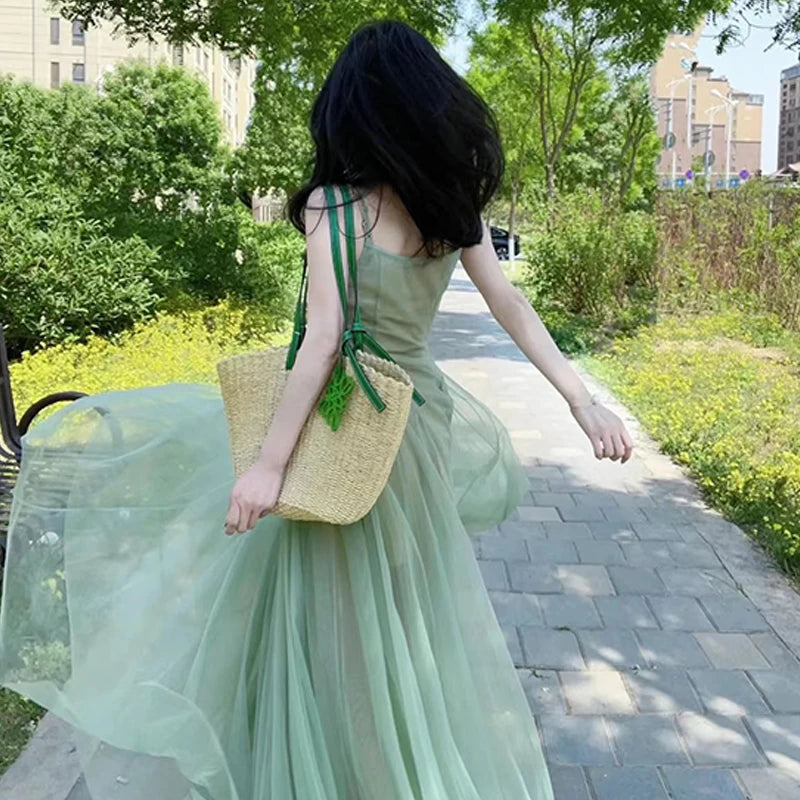 Women Mesh Spaghrtti Strap A-line Holiday Seaside Summer Princess Long Dress - Seprincess