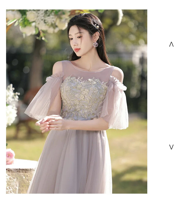 Temperament Grey Bridesmaid Dress Long Wedding Sisters Group Gown Elegant Applique Tulle Off Shoulder Banquet Party Vestido