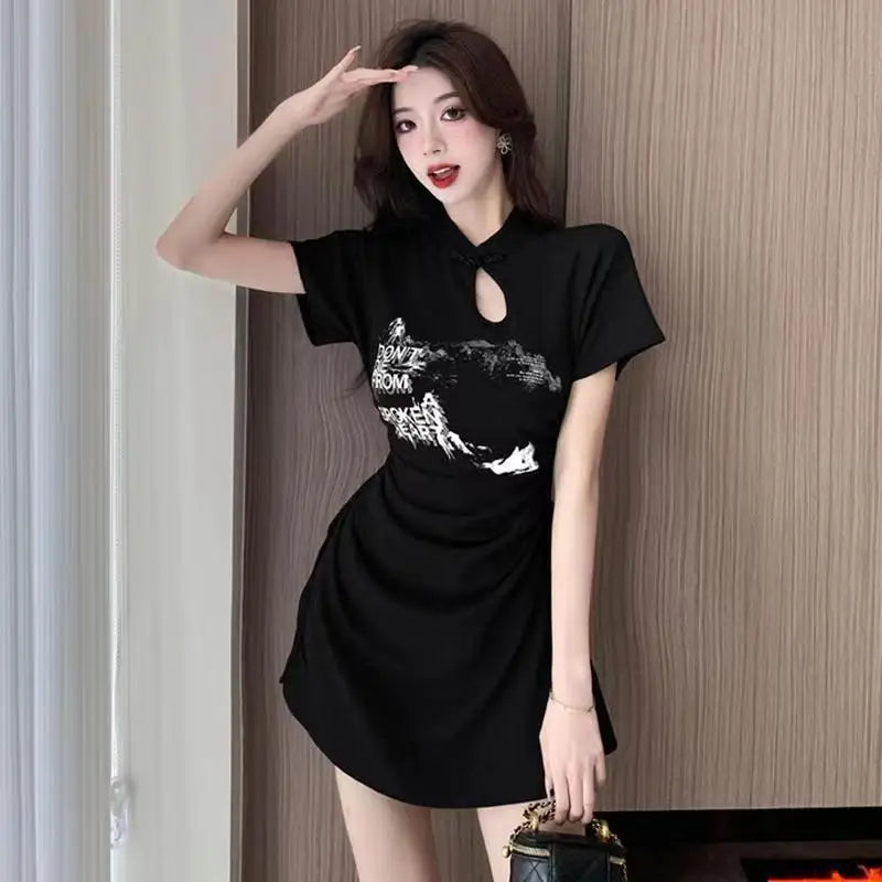 New 2024 Retro Daily Leisure Qipao Dress Chinese Style Printing Improved Cheongsam Fashionable Wrinkled Waist Design Thin Dress - Seprincess