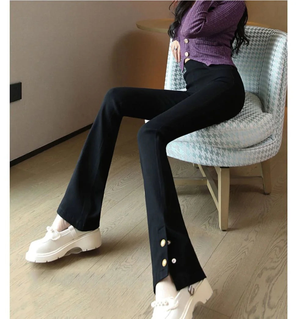 New Autumn Winter Pants High Waist Women Vintage Flared Pants Fashion Long Trousers Solid Slim Split Casual Pants Fur & Normal