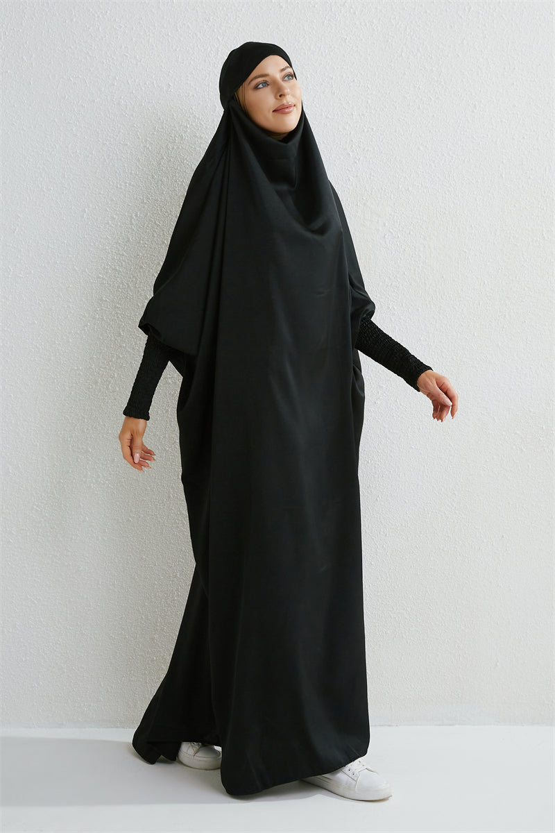 Muslim Abaya Hooded Smocking Sleeve One-piece Prayer Dress Women Jilbab Islamic Clothing Dubai Saudi Black Robe Turkish Modesty