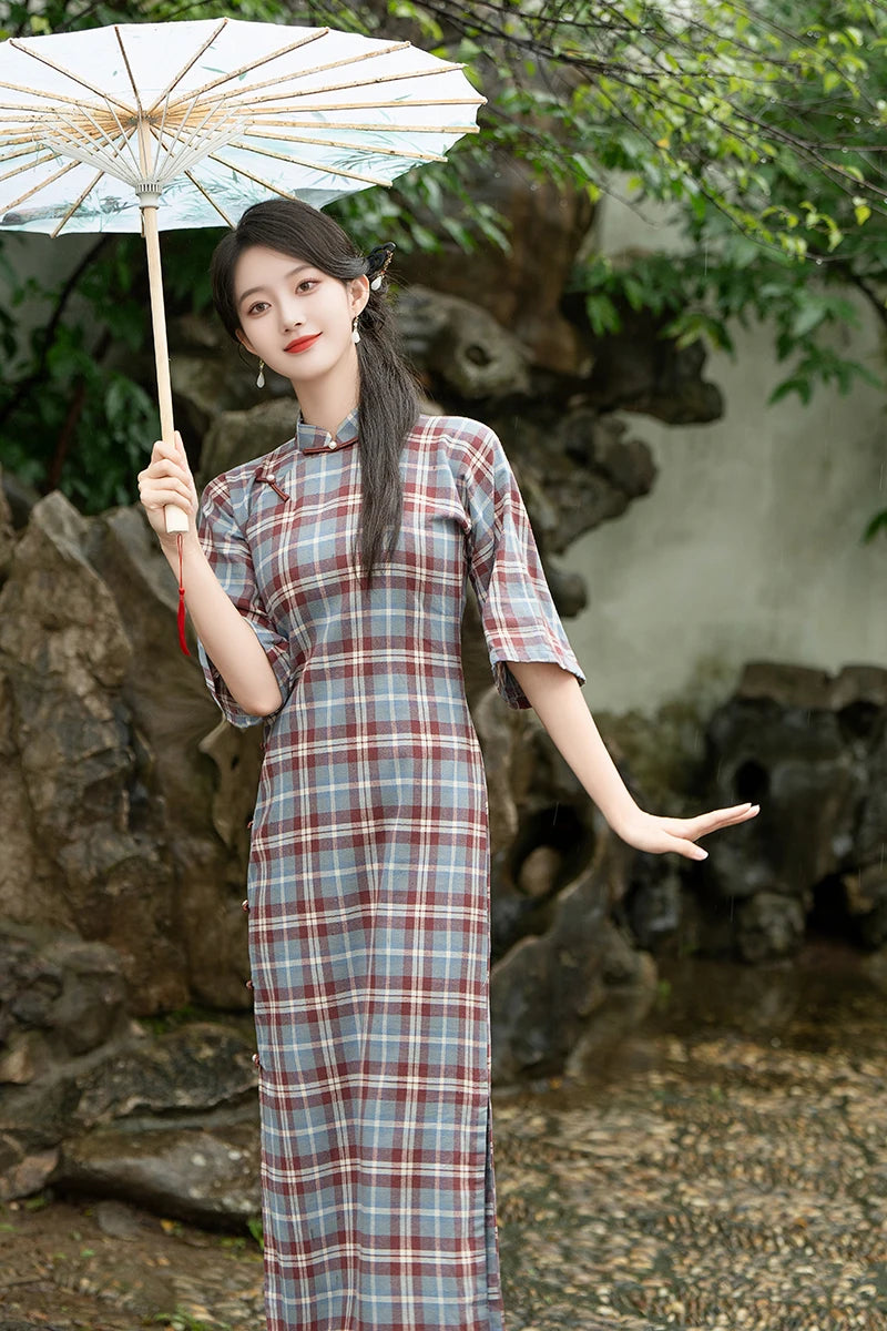 2024 Chinese Vintage Plaid Dress Women Plus Size Cheongsam 100% Cotton Qipao Long Improve Traditional Dresses 23622 - Seprincess