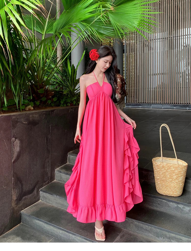 Women Long Sexy Chiffon Sundress Summer 2024 Halter Elegant French Fairy Dress Honeymoon Vacation Party Night Runway Dresses New - Seprincess