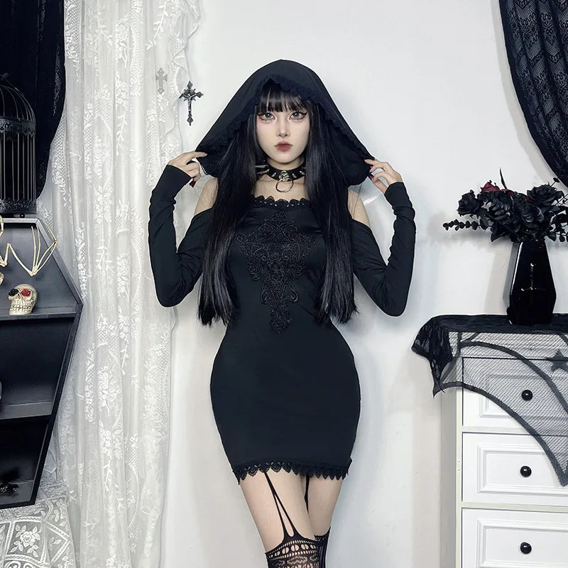 Goth Dark Harajuku Fashion Embroidery Bodycon Mini Dress Black Vestido Grunge Techwear Mall Gothic Off Shoulder Hooded Dresses - Seprincess