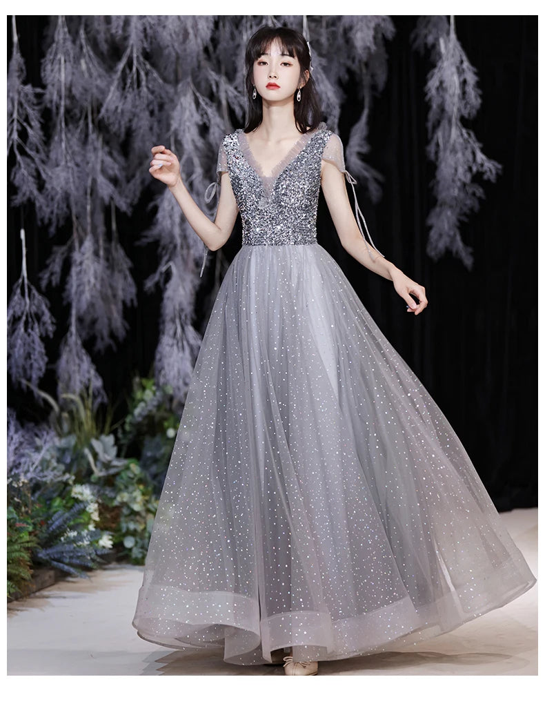 Grey Bridesmaid Evening Dress Women Off Shoulder Sequins Wedding Party Vestidos Fairy Temperament Sisters Group Gown Summer - Seprincess