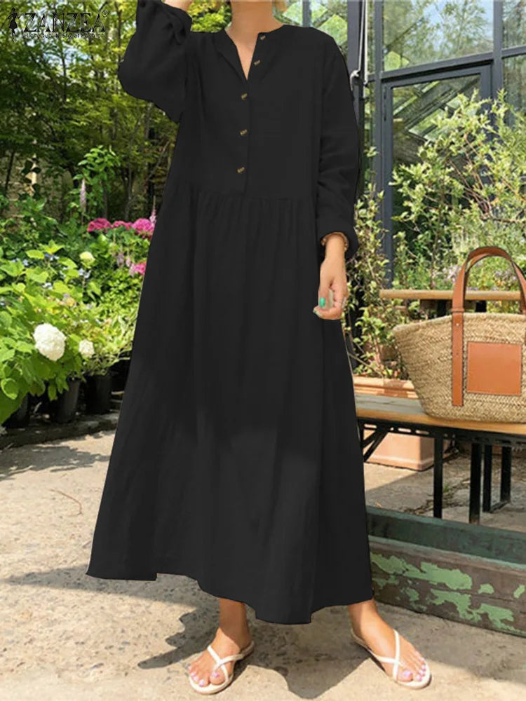 Women's Elegant Solid Cotton Robe Femme 2022 Spring Autumn Bohemian Maxi Dress ZANZEA Casual Long Sleeve Shirt Dresses Oversized - Seprincess