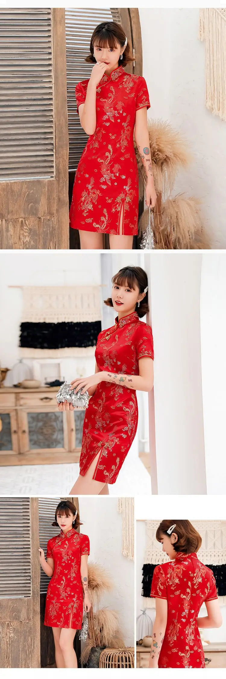 Front Fork Dragon&Phoenix Qipao Elegant Women Cheongsam Old Shanghai Mandarin Collar Sexy Short Chinese Dress Vestido - Seprincess