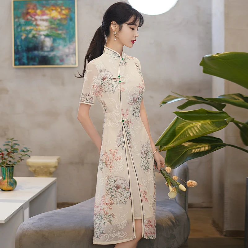 Retro Traditional Chinese Short Sleeve Cheongsam Clothing for Women Summer Modern Elegant Qipao Evening Dress - Seprincess