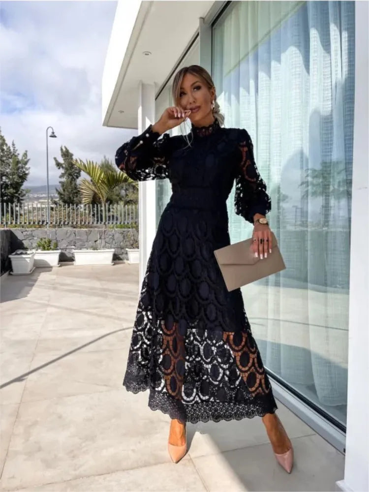 2024 Spring New Fashionable French Lace Stand Up Collar With Bubble Sleeves Waist Cinching Slimming Dress Elegant Long Dress - Seprincess