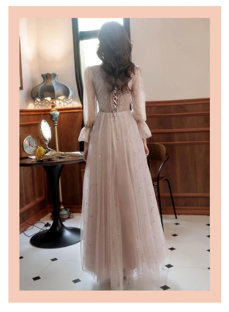 Autumn Winter Bridesmaid Dress New Women's Long Sleeve Corduroy Lace Splicing Style Dress Wedding Sisters Group Evening Dresses - Seprincess