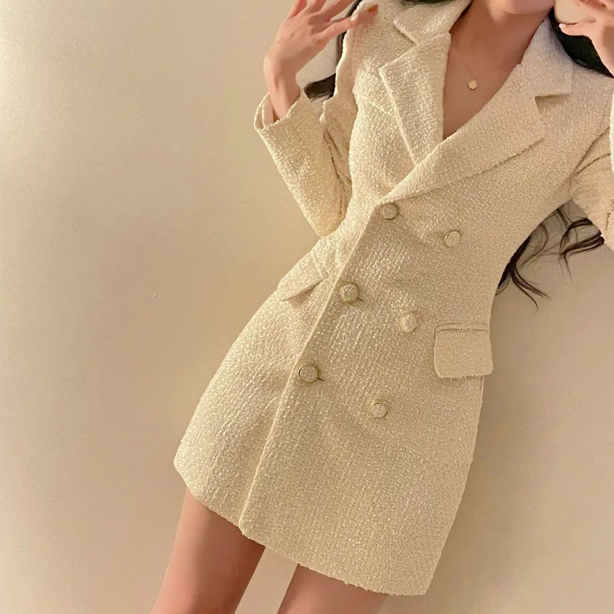 Elegant Tweed Blazer Dress Double Breasted Slim Short Dresses for Women Korean Fashion Office Lady Coat Dress Autumn Winter New - Seprincess