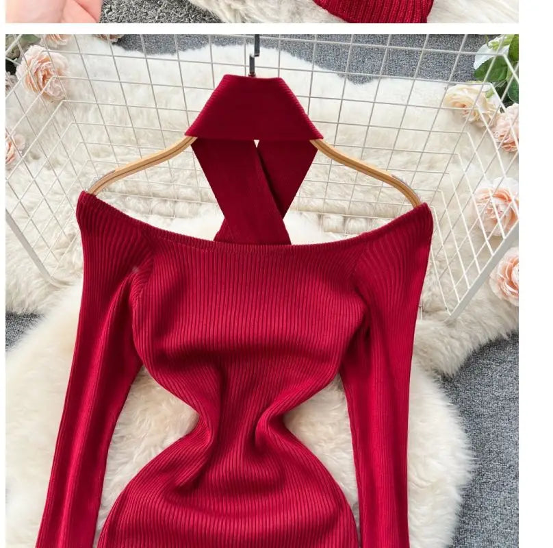 Autumn Winter Women Long Dress Elegant Halter Slim Waist Knitted Bodycon Dress Korean Office Lady Sweater Dresses Vestidos - Seprincess