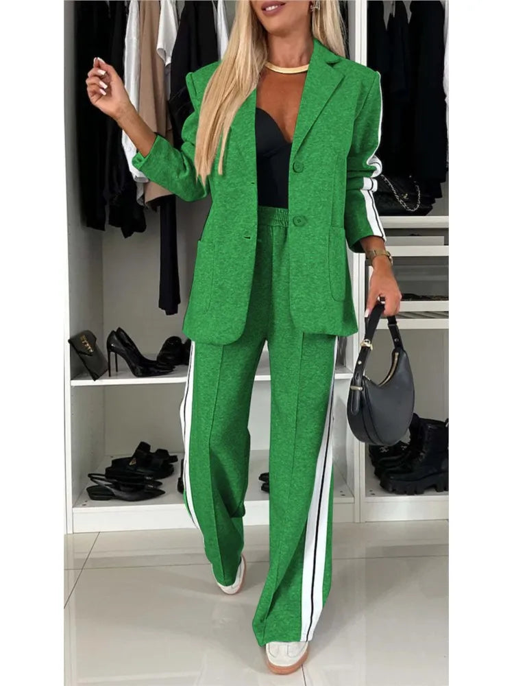 2025 Autumn And Winter New Long Sleeves Suit Women's Suit Fashion Pimp Stitching Pants Pocket Female Office Blazer 2 Piece Set - Seprincess