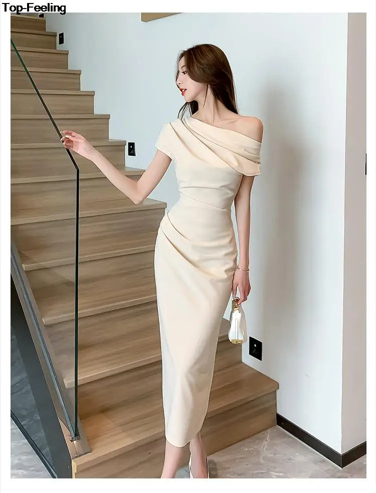 Elegant Off Shoulder Evening Party Dresses Women Summer Fashion Slim One Piece Solid Vestidos Korean Graduation Robe Clothing