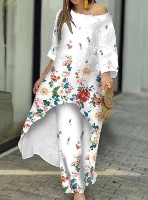 Two Piece Set Women Outfit 2023 Spring Fashion Casual Loose Irregular Print Round Neck Long Sleeve Top & Wide Leg Pants Suit - Seprincess