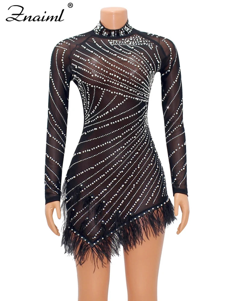 Znaiml Luxury 2023 Evening Celebrity Feathers Sheer Mesh Short Dresses for Women Sexy Pearls Rhinestones Party Birthday Vestidos - Seprincess