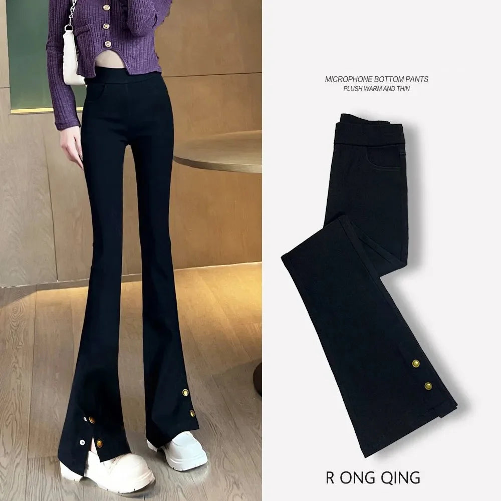 New Autumn Winter Pants High Waist Women Vintage Flared Pants Fashion Long Trousers Solid Slim Split Casual Pants Fur & Normal