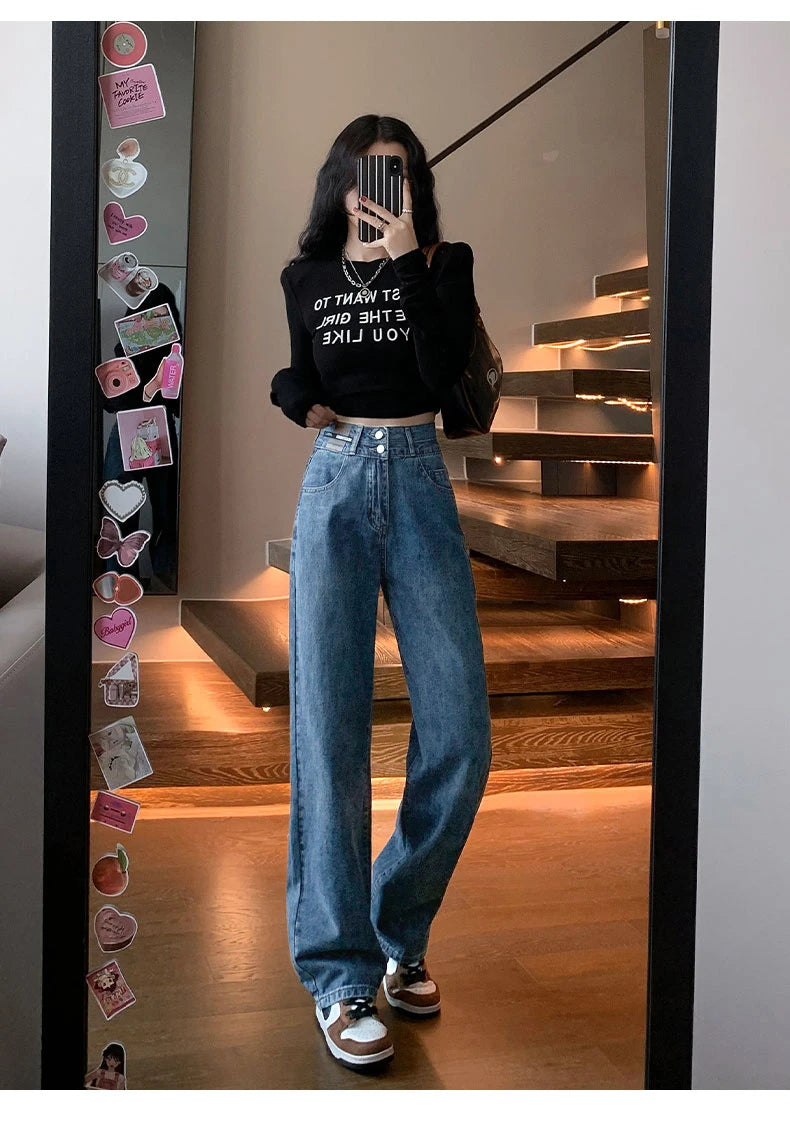 Straight Double Button Denim Jeans Women's New Style Loose Small Narrow Version Classic High Quality Brand Denim Pants