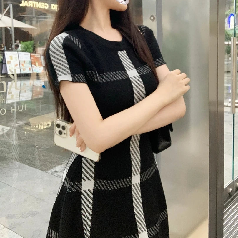 Luxury Brand Design 2024 Summer Knit Elastic Black Short Sleeve Dress For Women Fashion Mini Slim Vestidos Skirt Clothes - Seprincess