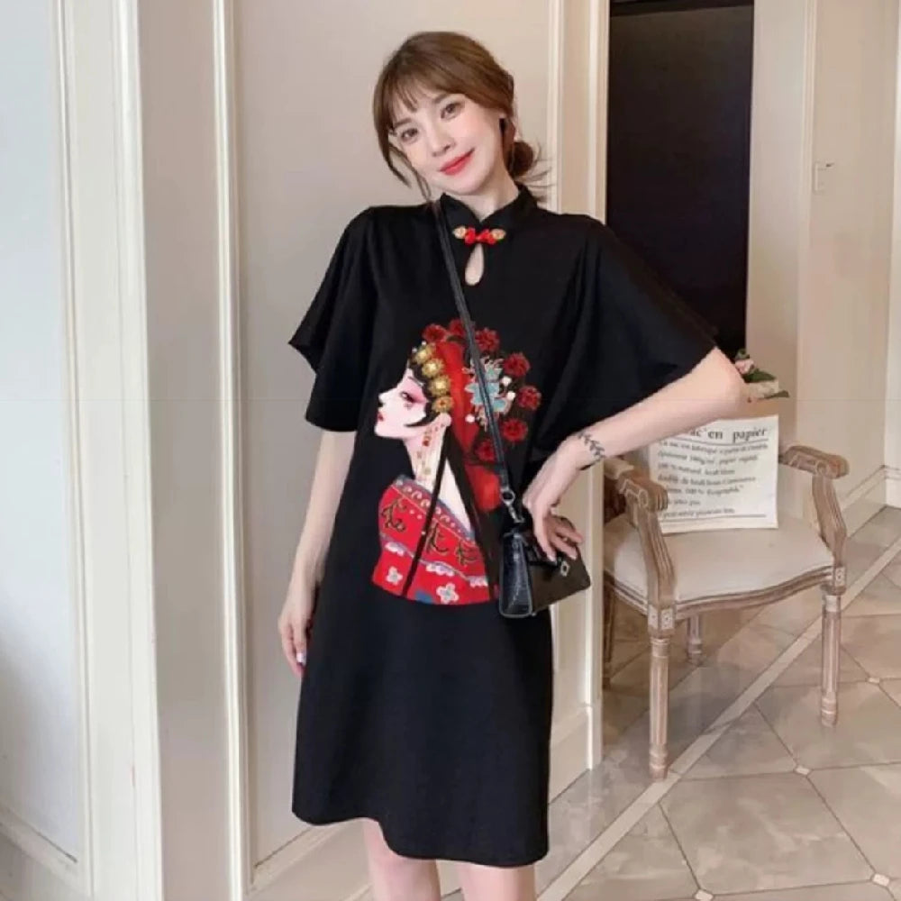 Chinese Opera Print Dress for Women, Summer Long Sleeve, National Style Cheongsam, Modern Improve, Elegant, Loose Qipao - Seprincess