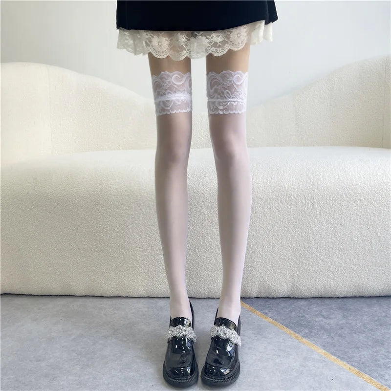 White Silk Bow Stockings Women's Japanese JK Over-the-knee Stockings Sexy Lace High Thigh Fishnet Socks Long Lolita Socks