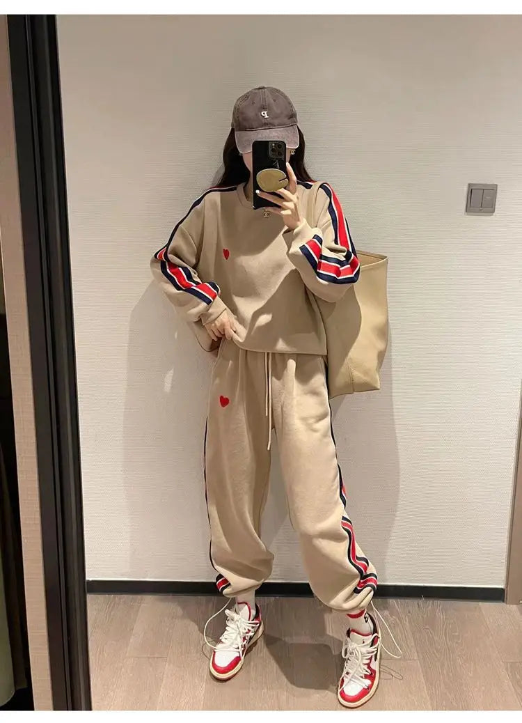 Autumn Cute Love Embroidery Pant Sets Two Pieces Tracksuits Khaki Side Striped Sweatshirt Women Girls Loose Sporty Korean Style - Seprincess