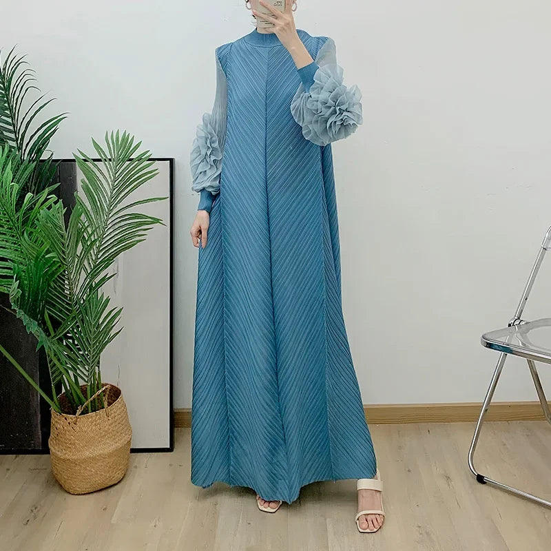 ANLAN Miyake Pleated Maxi Long Dress Mesh Petal Sleeve Half Turtleneck Formal Dresses for Women 2024 New Hot Sales 6KK9927 - Seprincess