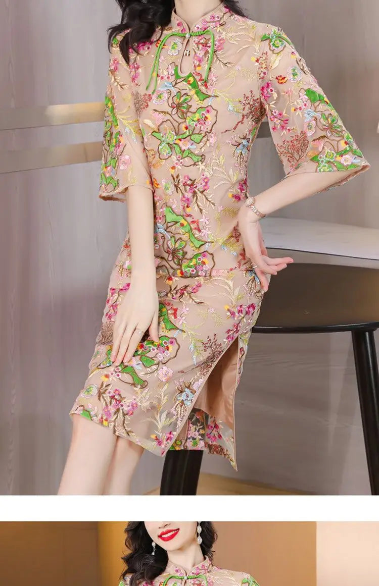 2024 new chinese improved elegant cheongsam woman summer national style gauze retro slimming embroidered half sleeve qipao dress