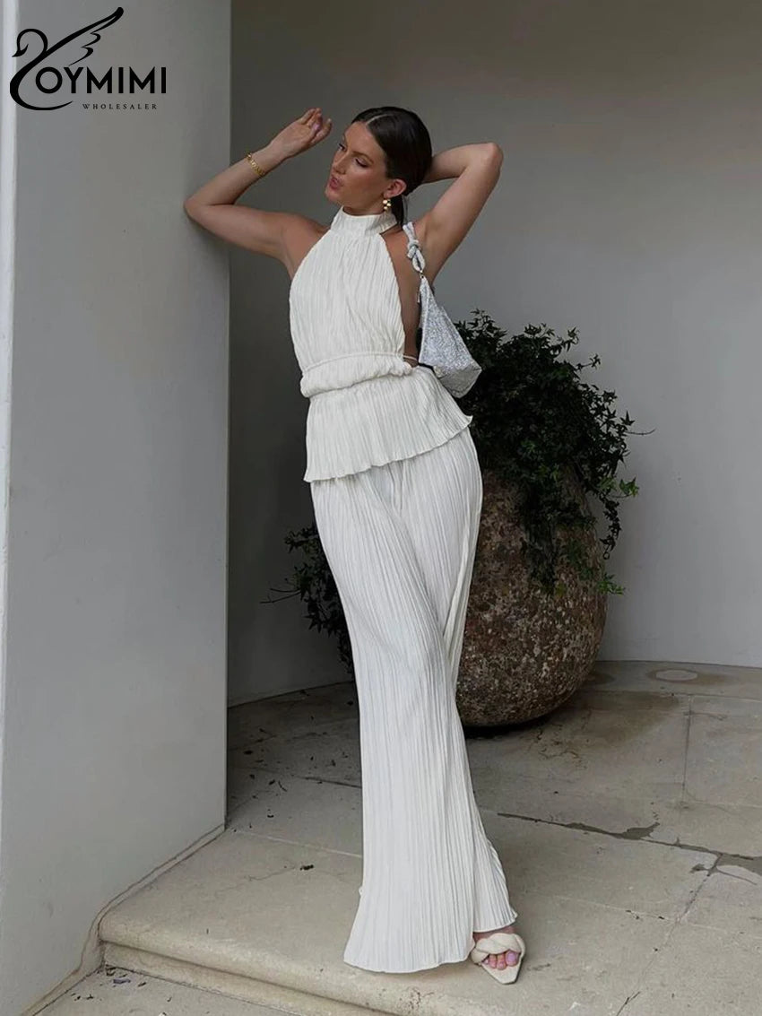 Oymimi Sexy White Pleated 2 Piece Sets Women Outfit 2023 Fashion Sleeveless Backless Tank Top With High Waist Wide Pants Set - Seprincess