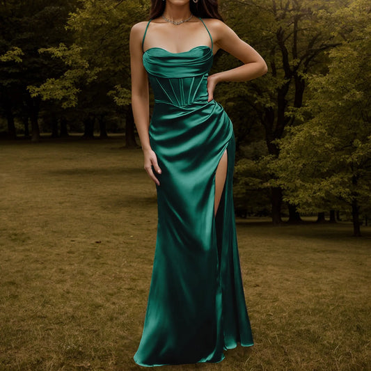 Womens Dresses Sexy Satin Corset Maxi Dress Silky Ruched Evening Party Long Dresses Party Dresses For Prom Vestidos Green - Seprincess