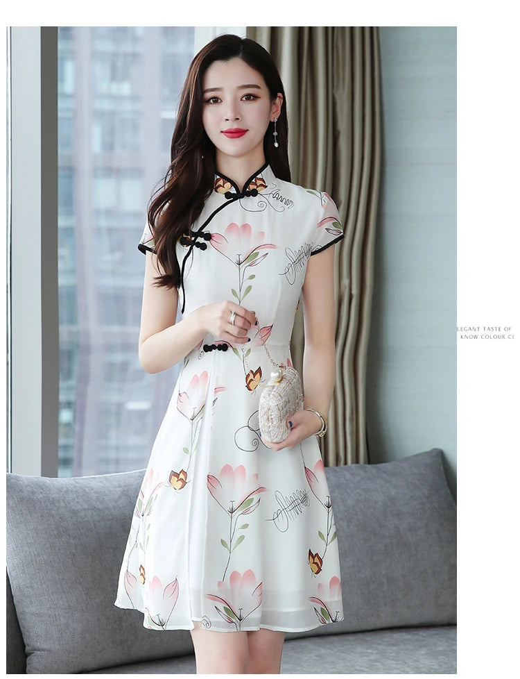 2023 Summer New Modern Improved Cheongsam Chiffon Printing Vintage Traditional Chinese Style Slim Qipao Dress - Seprincess