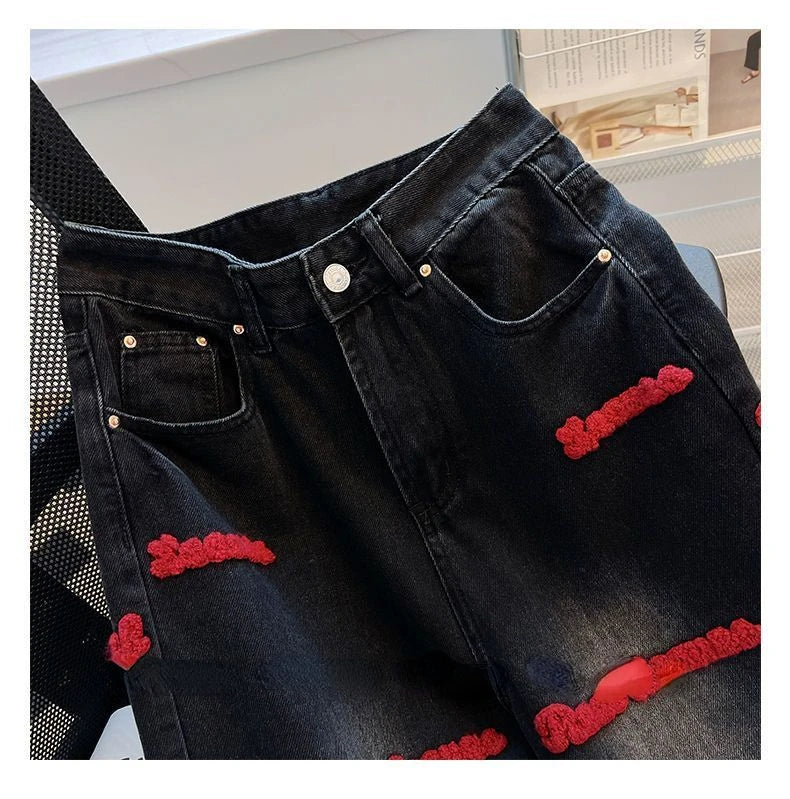 Black and Red Letter Embroidered Jeans Female Y2K Spring and Autumn New High Waist Loose Couple Casual Slim Wide Leg Mop Pants