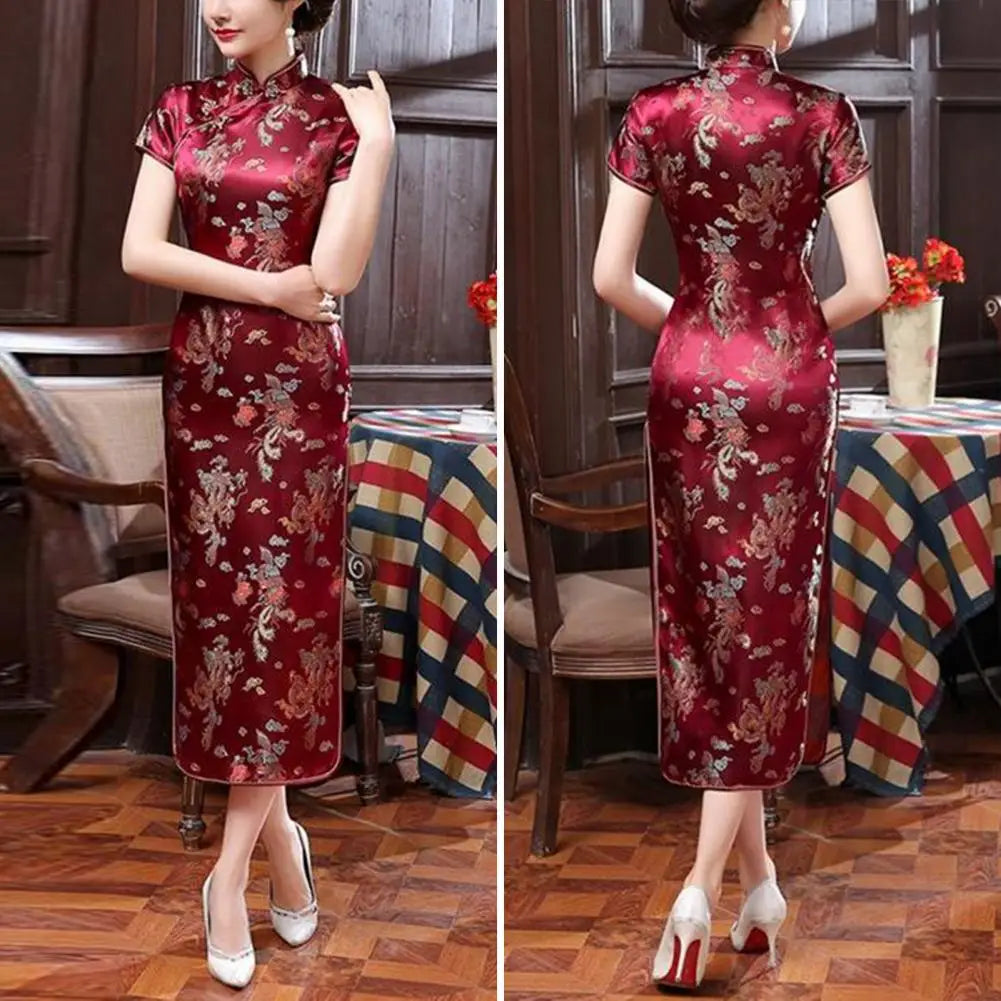 Retro Style Cheongsam Dress Elegant Chinese National Style Floral Embroidery Cheongsam Dress with Stand for Summer for Women - Seprincess