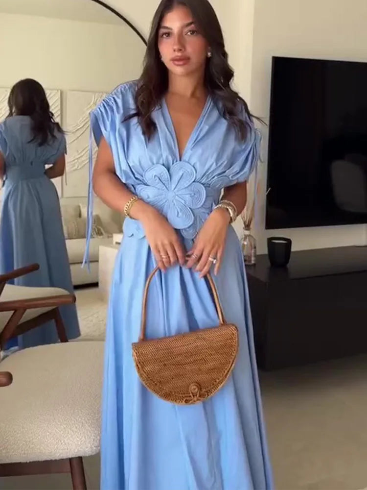 Summer Elegant Pleated Bow V Neck Blue Long Dresses For Women 2024 New Off Shoulder Sleeveless Maxi Dress Ladies Vacation Robe - Seprincess