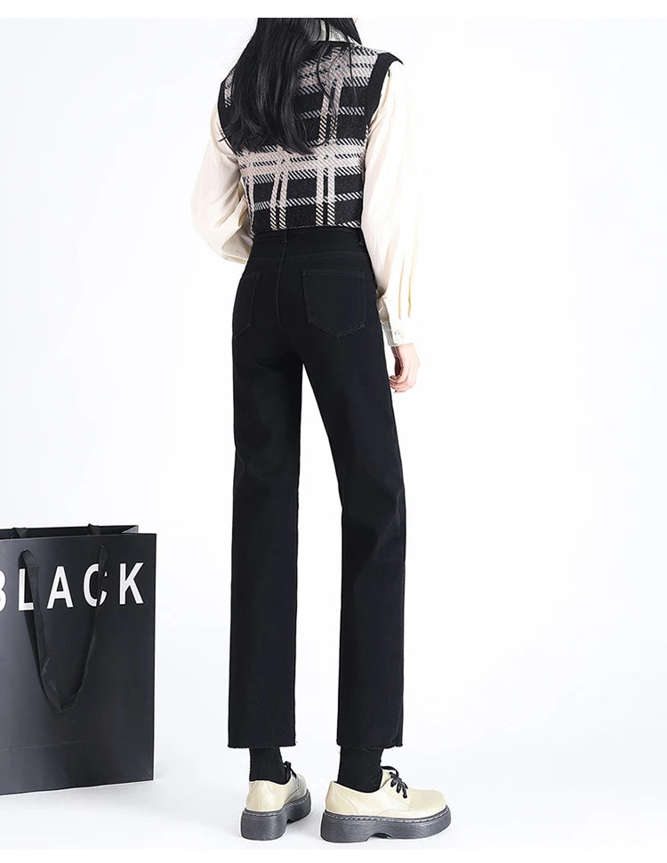 New Straight Denim Jeans Plus Velvet Autumn Winter Micro brushed Edge Elastic Pants High Waist Elastic Fleece Women's Trousers